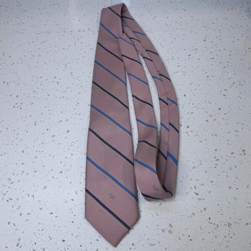 Christian Dior Mens Silk Blend Striped Tie Pink Blue Made in USA Italian Fabric